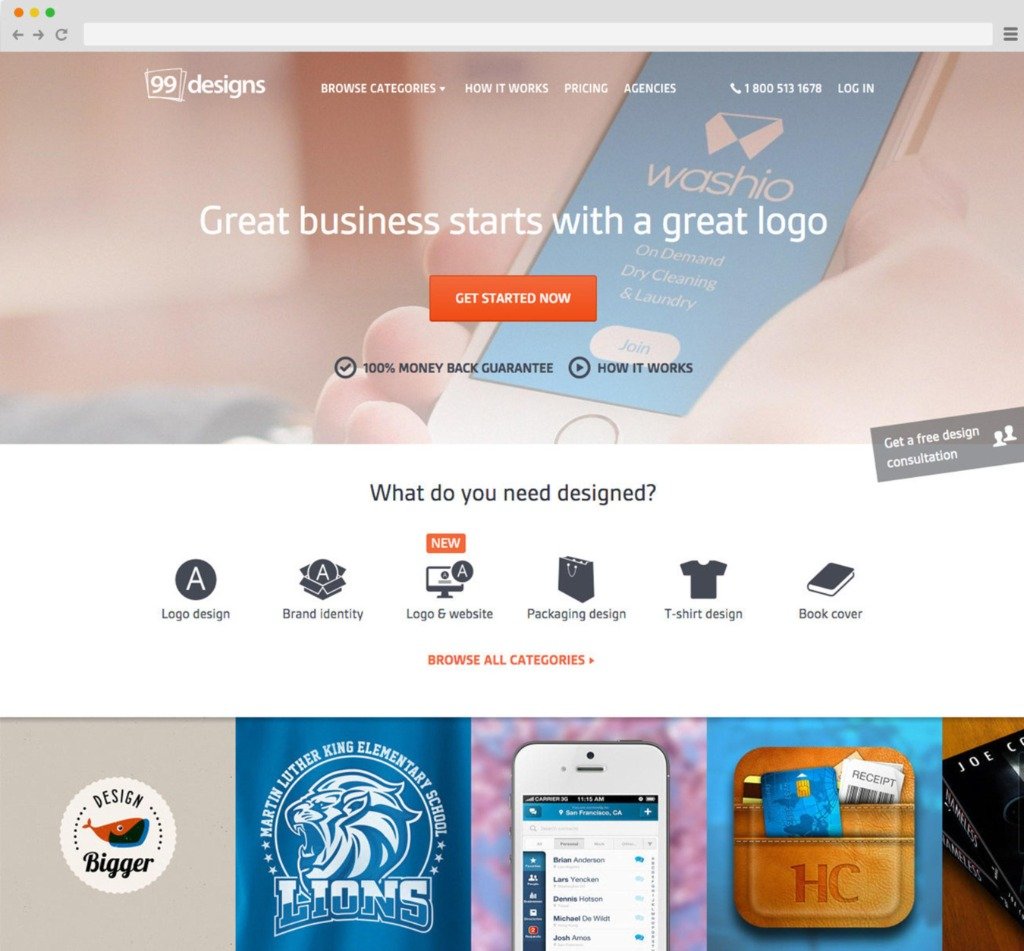 99designs design contest and freelance marketplace homepage interface