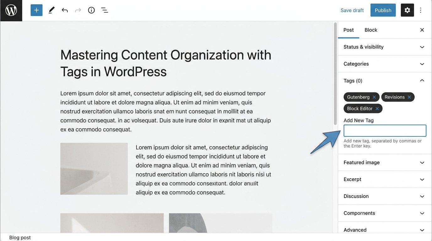 WordPress post settings showing several tags added to a post