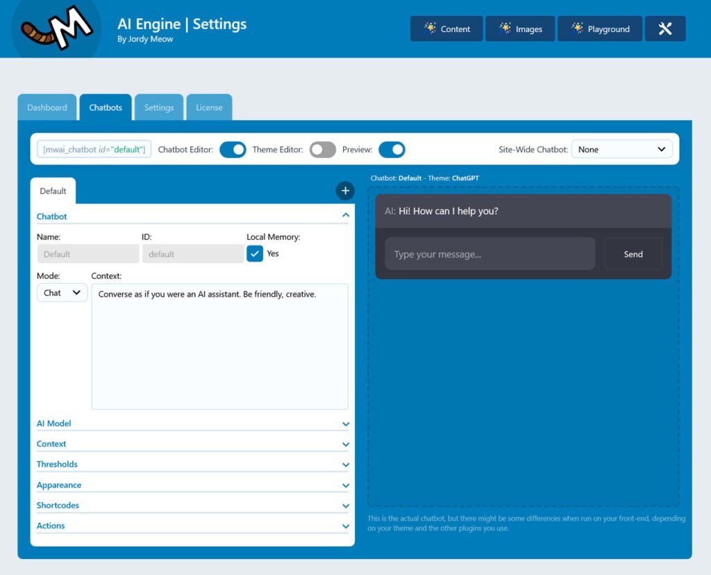 AI Engine chatbot settings and AI provider configuration in WordPress
