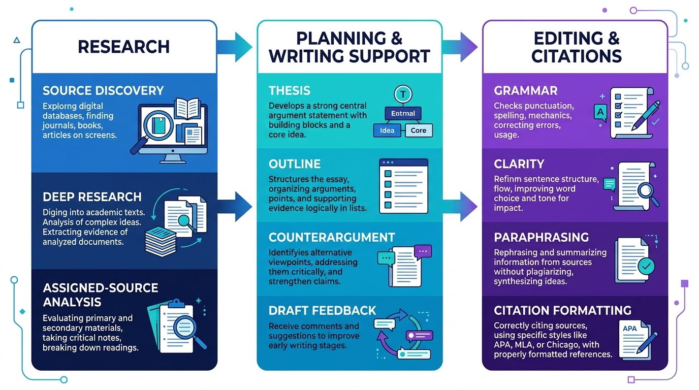 AI essay tools organized by research writing and editing tasks