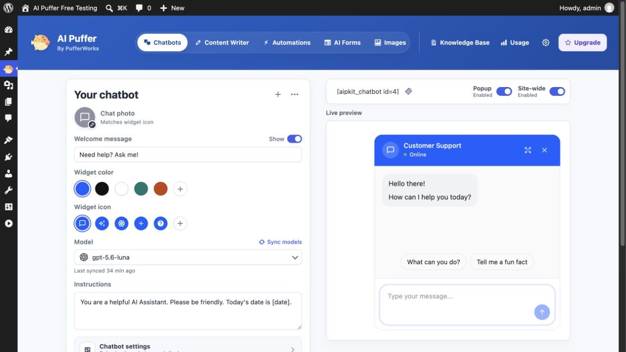 AI Puffer chatbot customizer and model configuration interface in WordPress