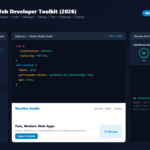 Modern web developer toolkit showing code editor, design frames, DevTools and deployment dashboard