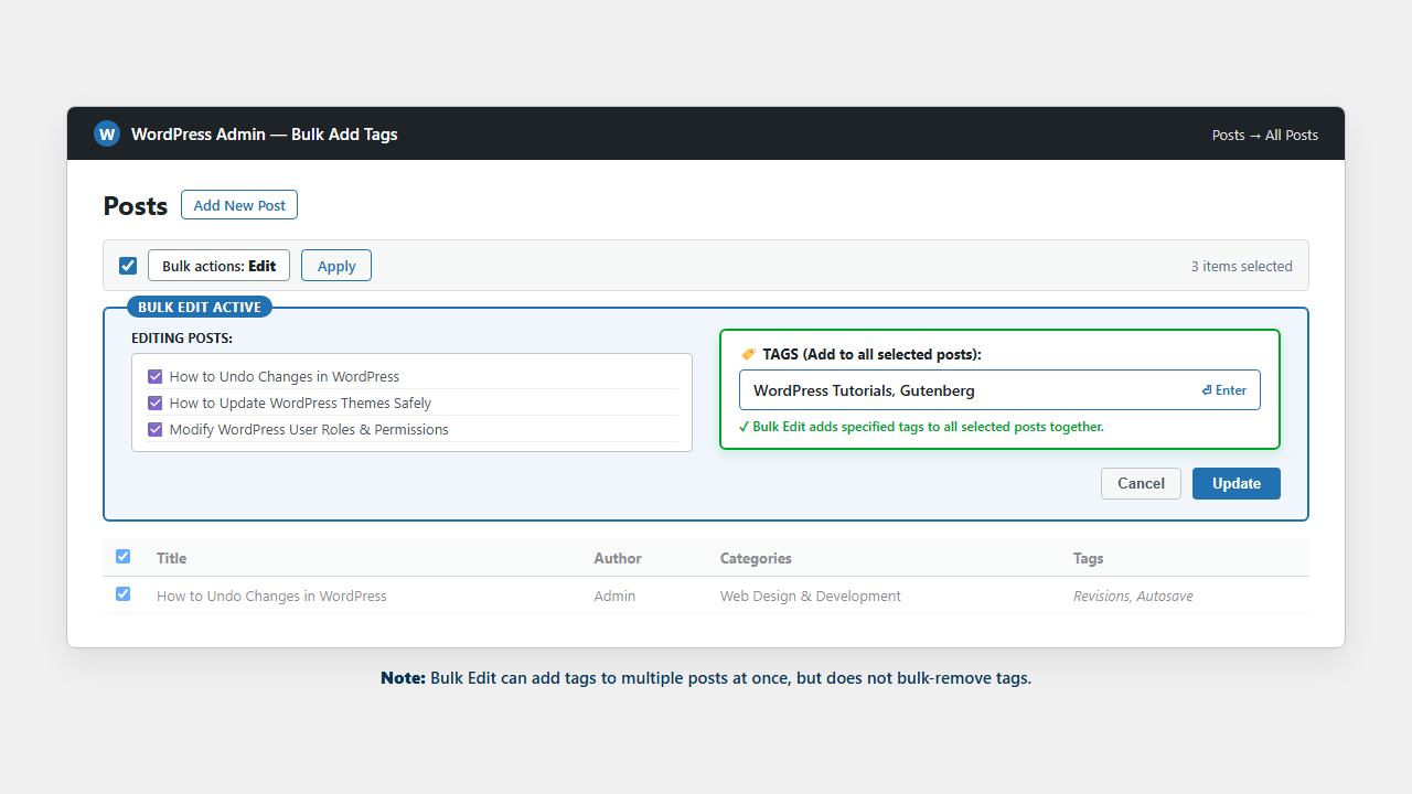 WordPress Bulk Edit screen used to add tags to multiple posts