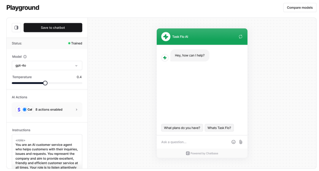 Chatbase AI playground and knowledge chatbot testing interface