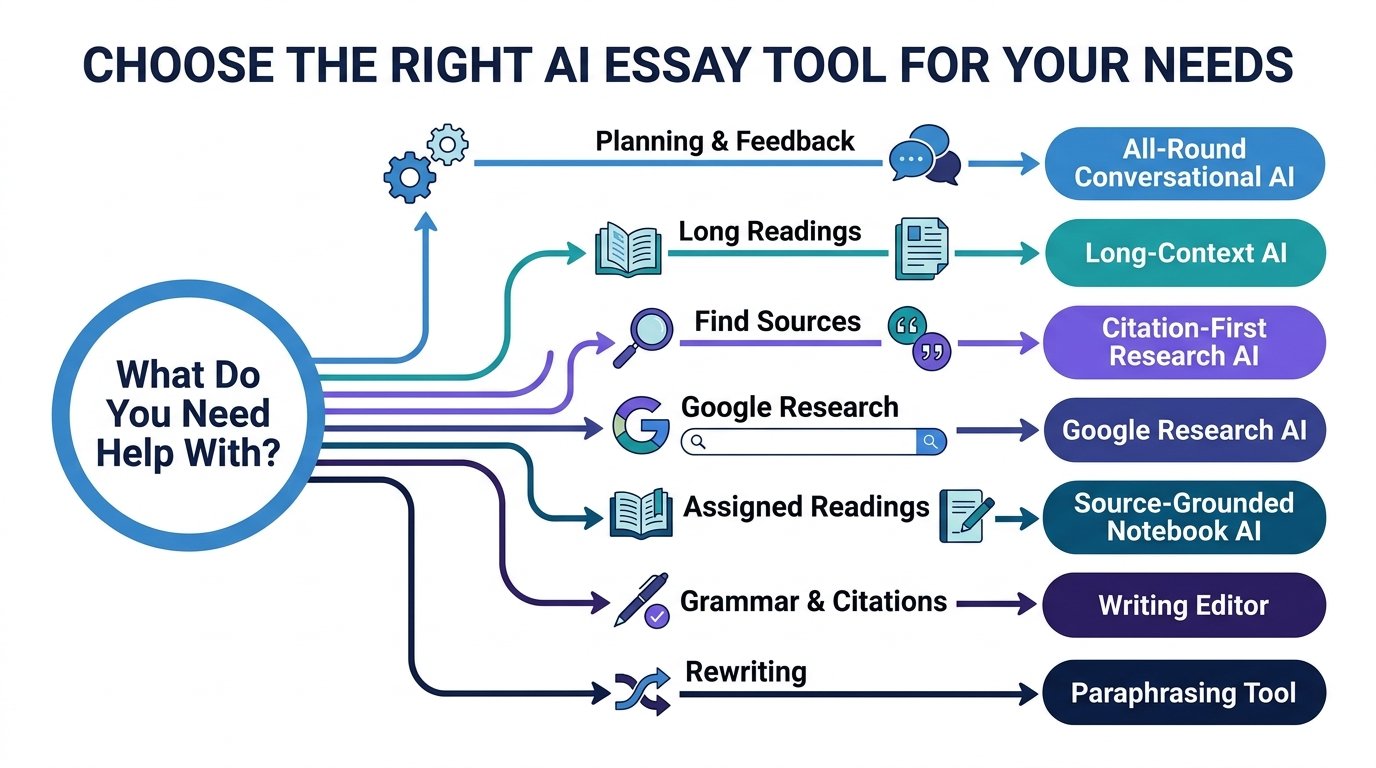 Decision guide for choosing an AI tool for essay research planning and editing