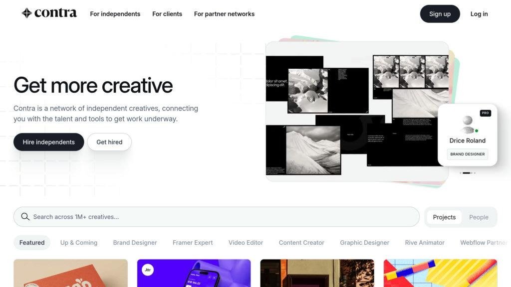 Contra commission free freelance portfolio and project network screenshot