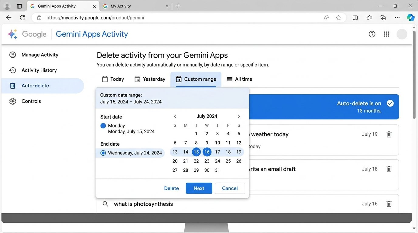 Delete a selected date range from Gemini chat history