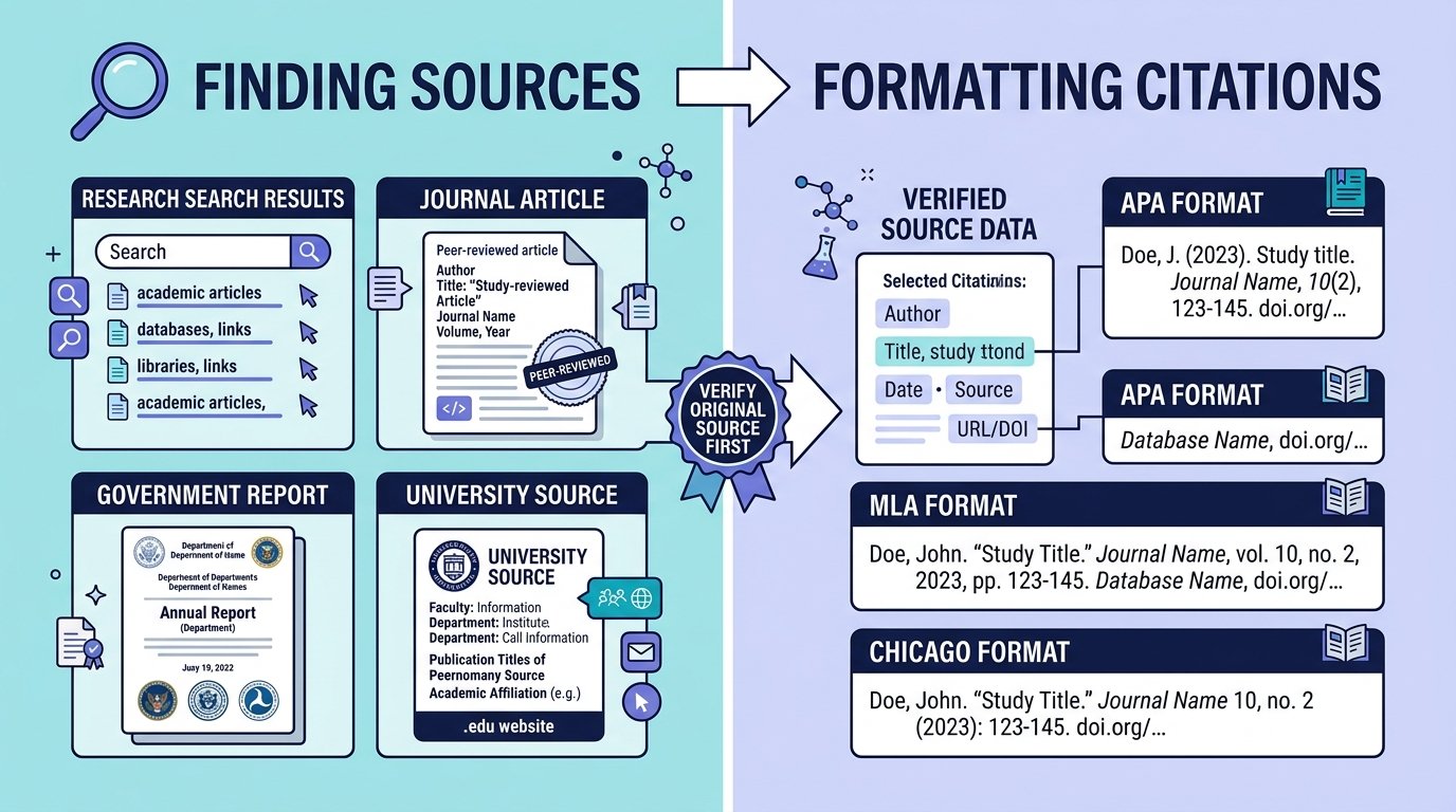 Difference between finding essay sources and formatting academic citations
