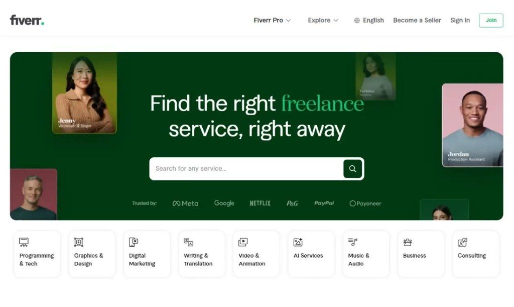 Fiverr marketplace homepage and service catalog interface