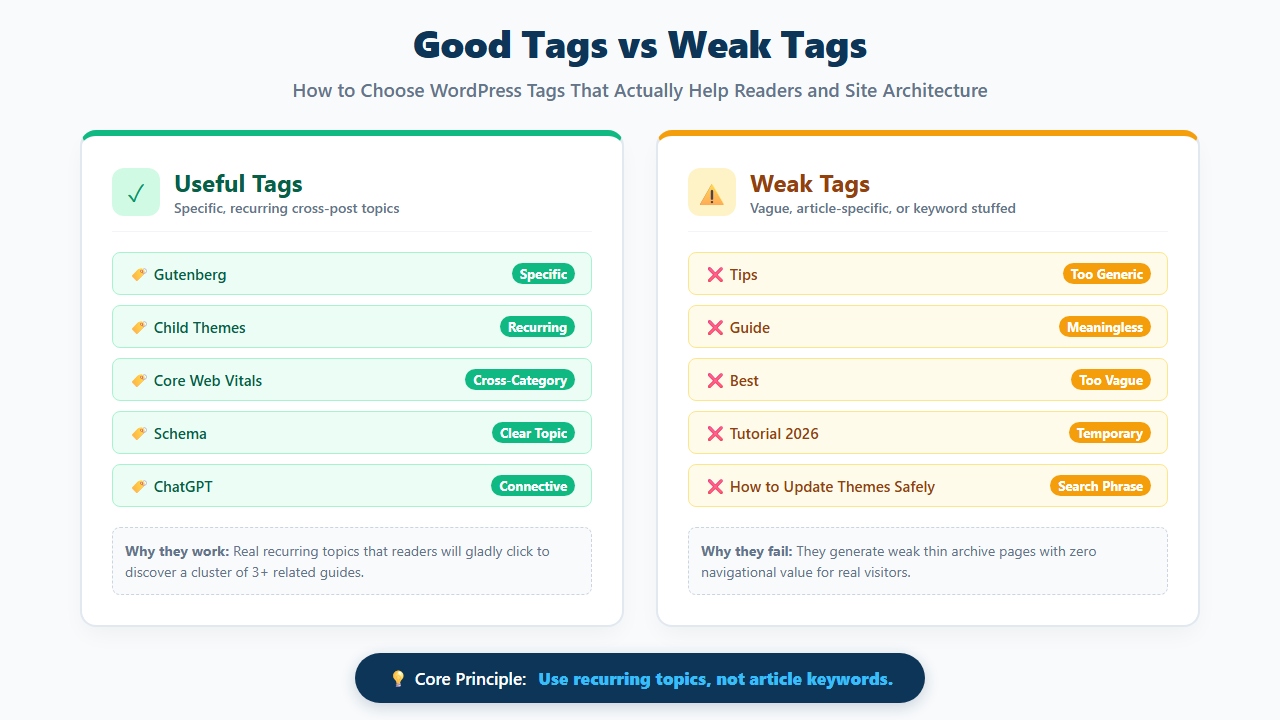 Examples of useful and weak WordPress tags