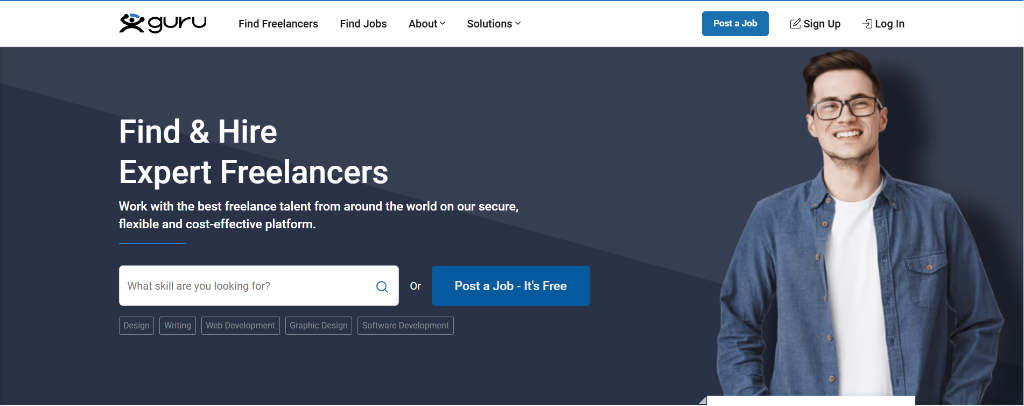 Guru freelance marketplace homepage and job bidding interface