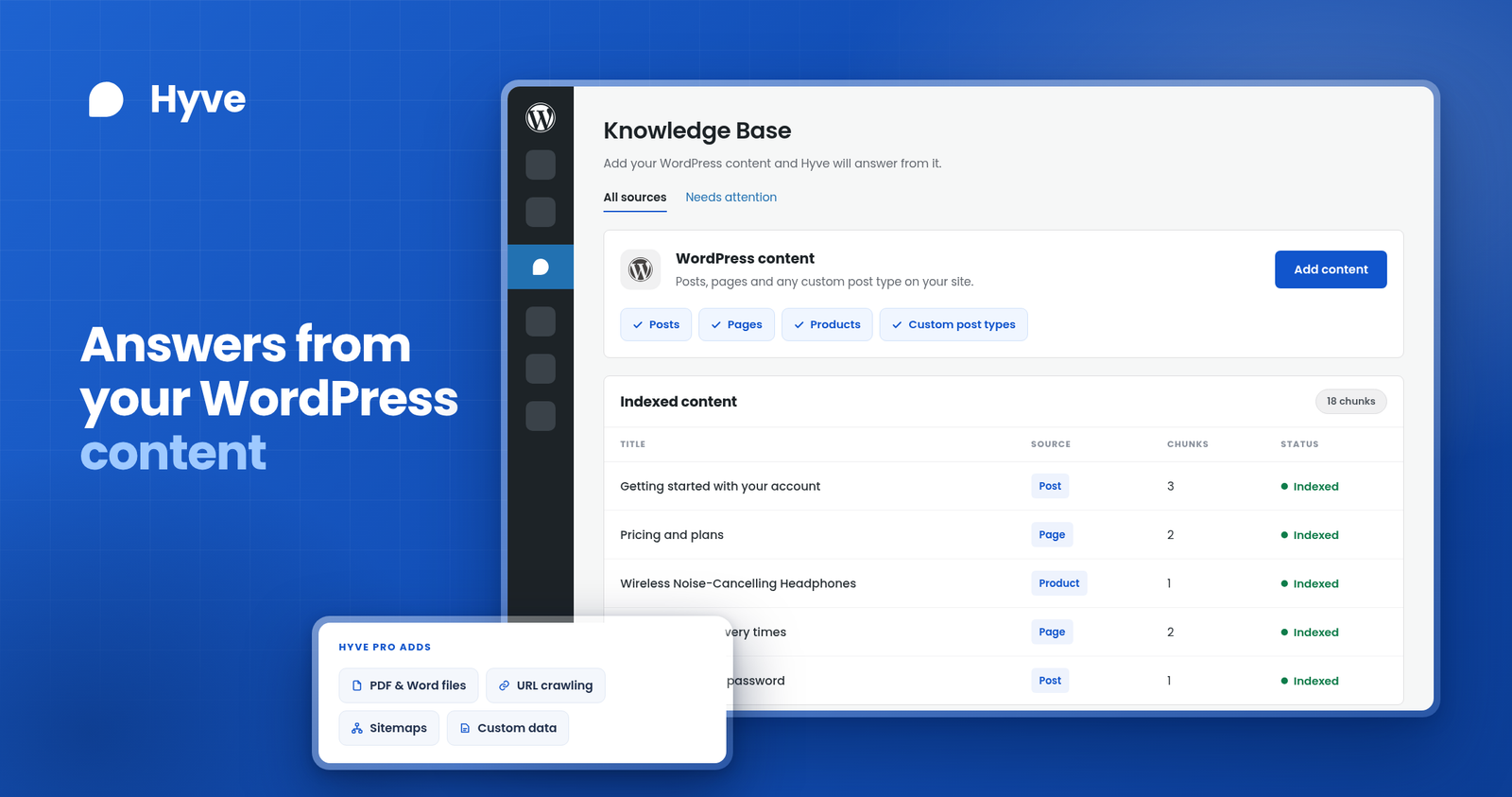 Hyve WordPress chatbot knowledge sources and content learning settings