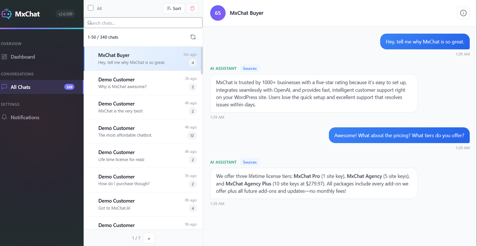 MxChat AI chatbot interface with multi-model support
