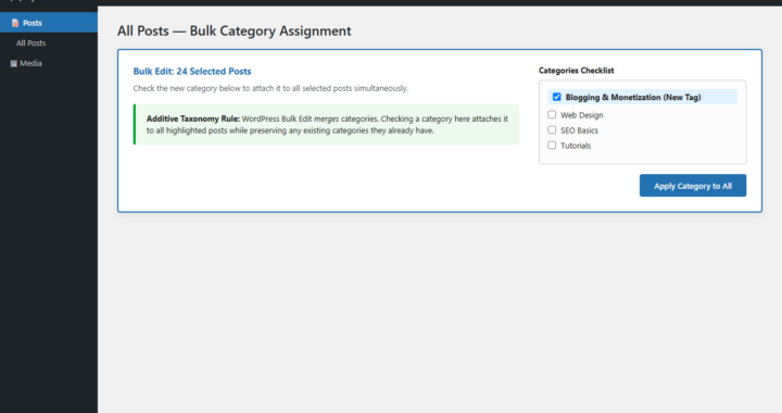 WordPress Bulk Edit panel selecting categories to append to multiple posts