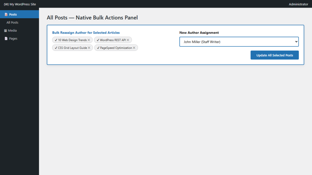 WordPress Posts list Bulk Actions panel reassigning multiple posts to new author