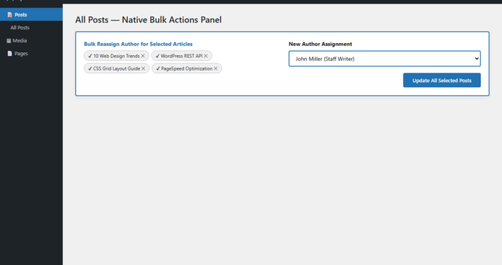 WordPress Posts list Bulk Actions panel reassigning multiple posts to new author