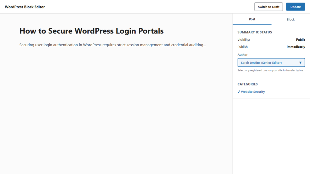 WordPress Block Editor sidebar showing Author dropdown selector