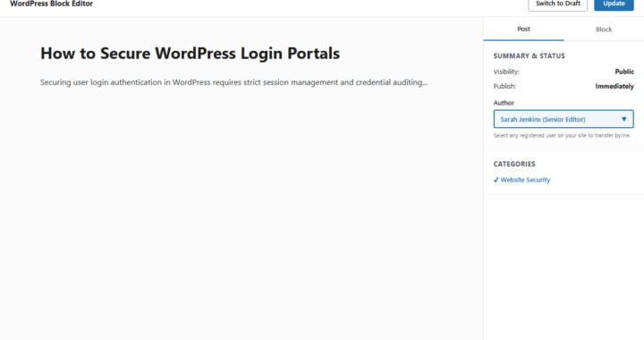 WordPress Block Editor sidebar showing Author dropdown selector