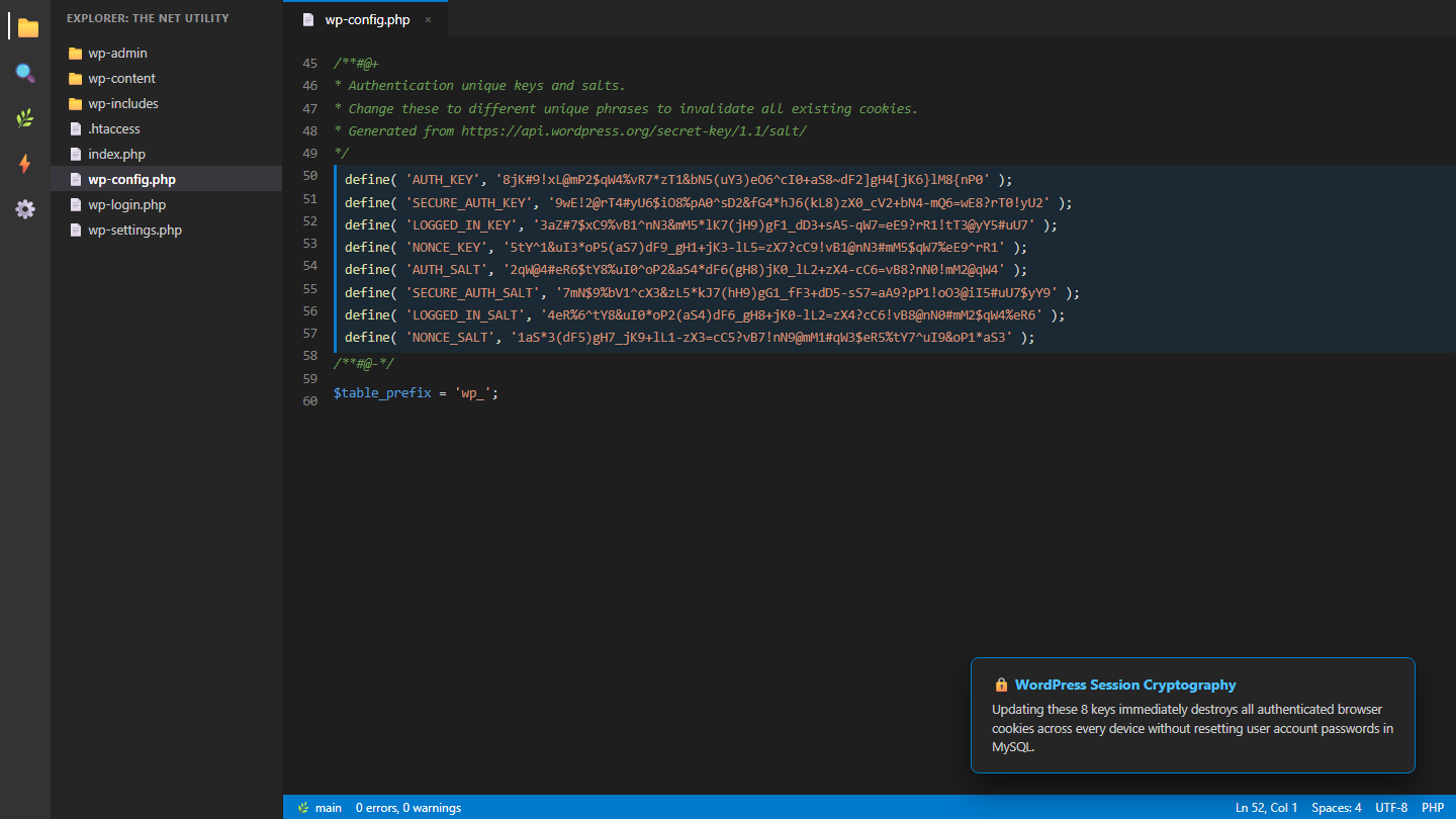 VS Code editor view showing the eight WordPress security keys and salts definitions inside wp-config.php