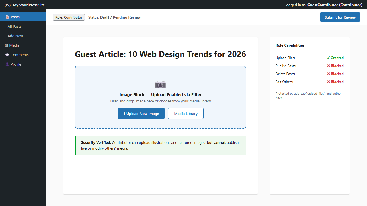 WordPress Contributor role uploading images in Block Editor with upload_files capability