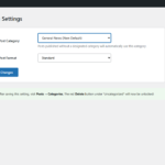WordPress Writing Settings showing Default Post Category dropdown selection