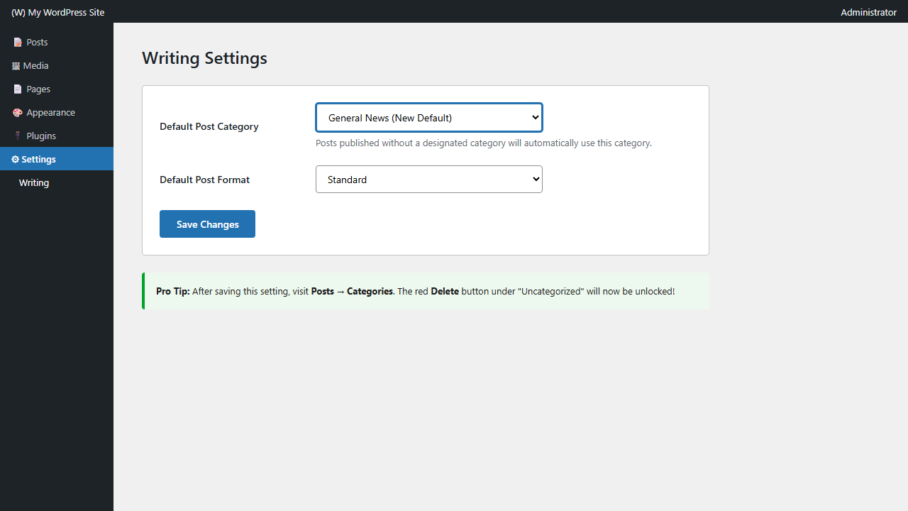 WordPress Writing Settings showing Default Post Category dropdown selection