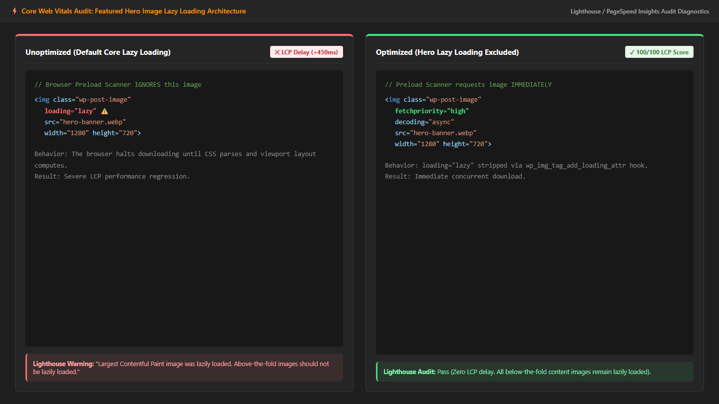 Comparison of featured image with lazy loading disabled versus standard content images in Chrome DevTools