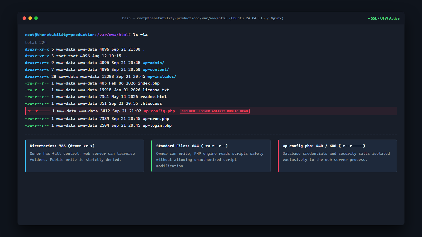 Linux bash terminal showing hardened WordPress file permissions: 755 for directories, 644 for files, and 440 for wp-config.php
