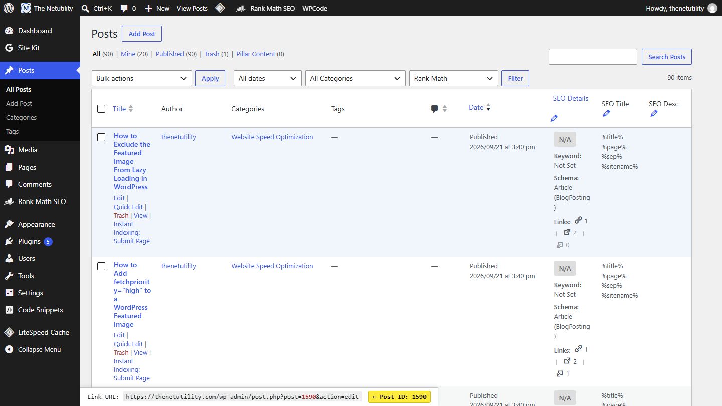 WordPress All Posts table showing mouse hover preview revealing post ID parameter in the browser status bar
