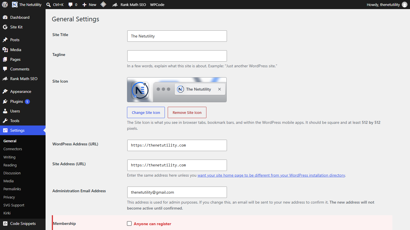 WordPress General Settings showing the Membership Anyone can register checkbox unchecked