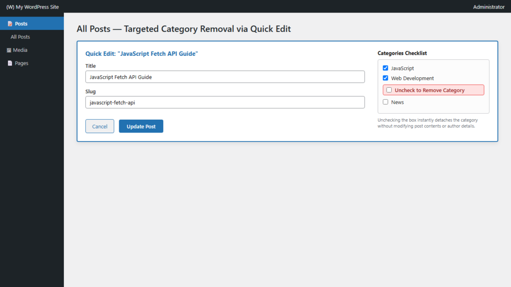 WordPress All Posts list using Quick Edit to uncheck and remove category