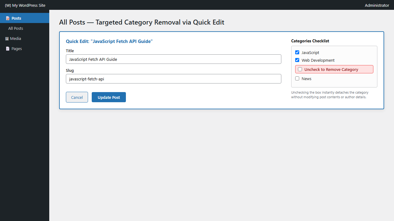 WordPress Posts table showing inline Quick Edit pane with category checkboxes to unassign categories