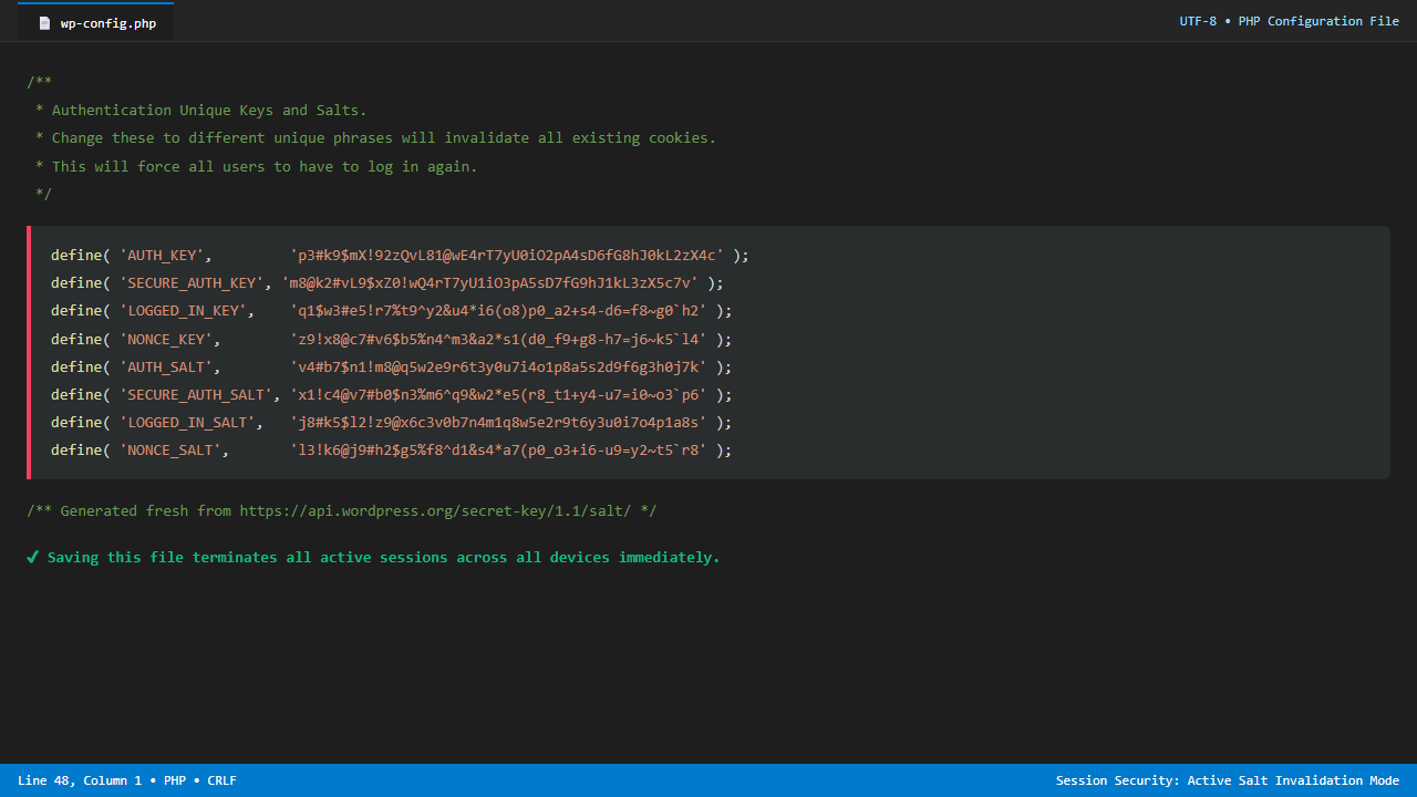 WordPress wp-config.php security keys and salts configuration to force logout all users