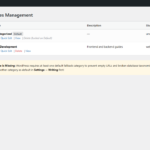 WordPress Posts Categories screen with Delete button locked on default category