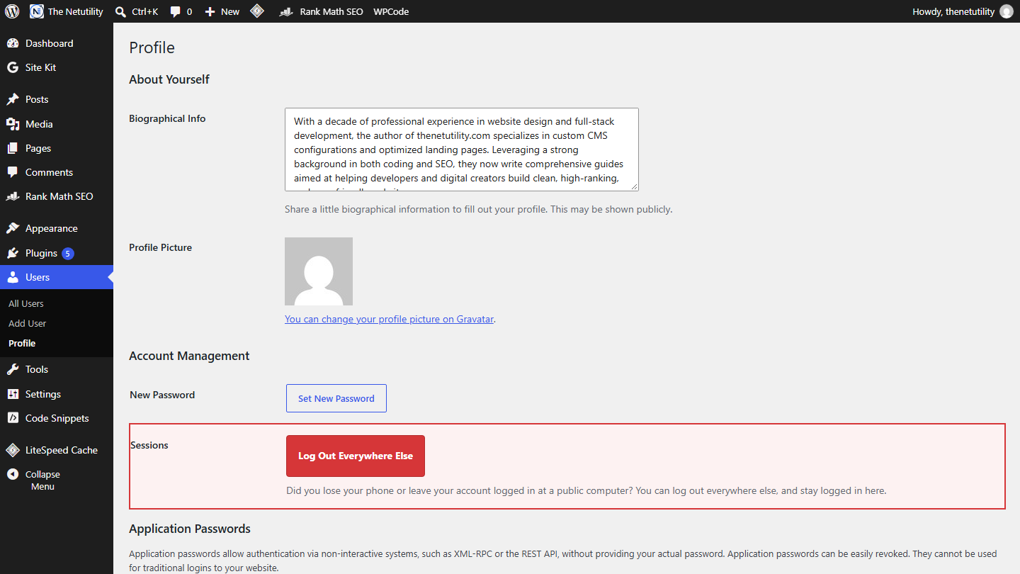 WordPress user profile screen showing the Log Out Everywhere Else session management button