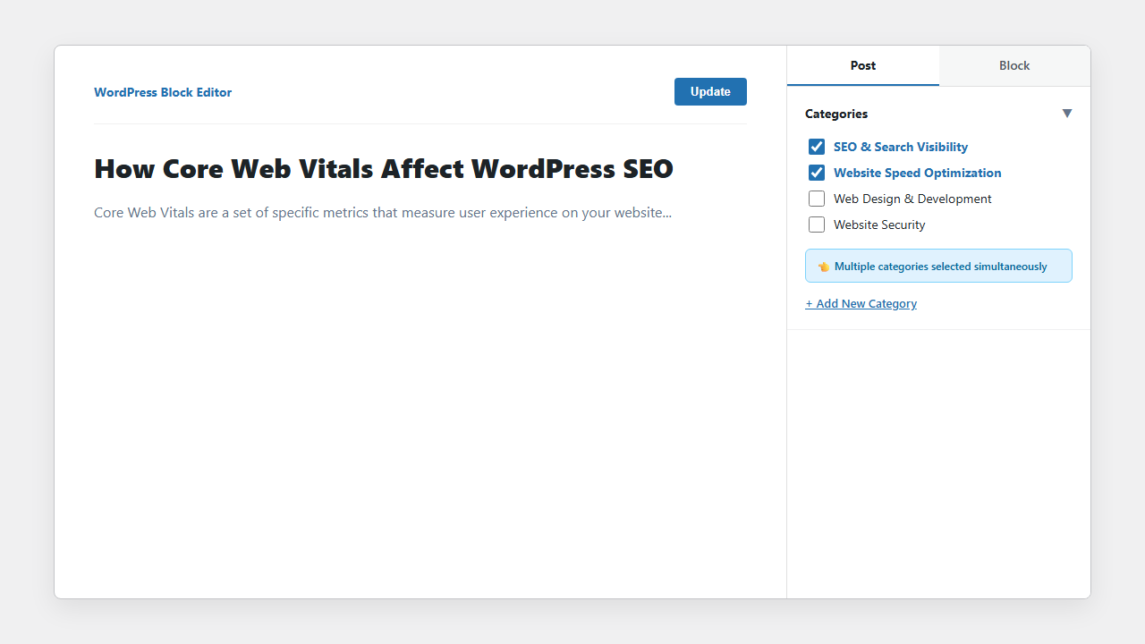 WordPress post settings with multiple categories selected