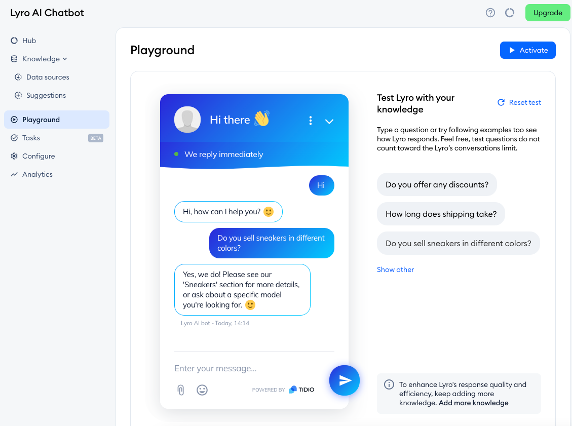 Tidio Lyro AI chatbot interface for WordPress and WooCommerce support