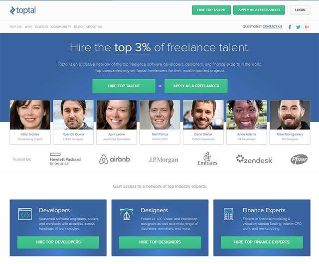 Toptal screened freelance talent network homepage interface