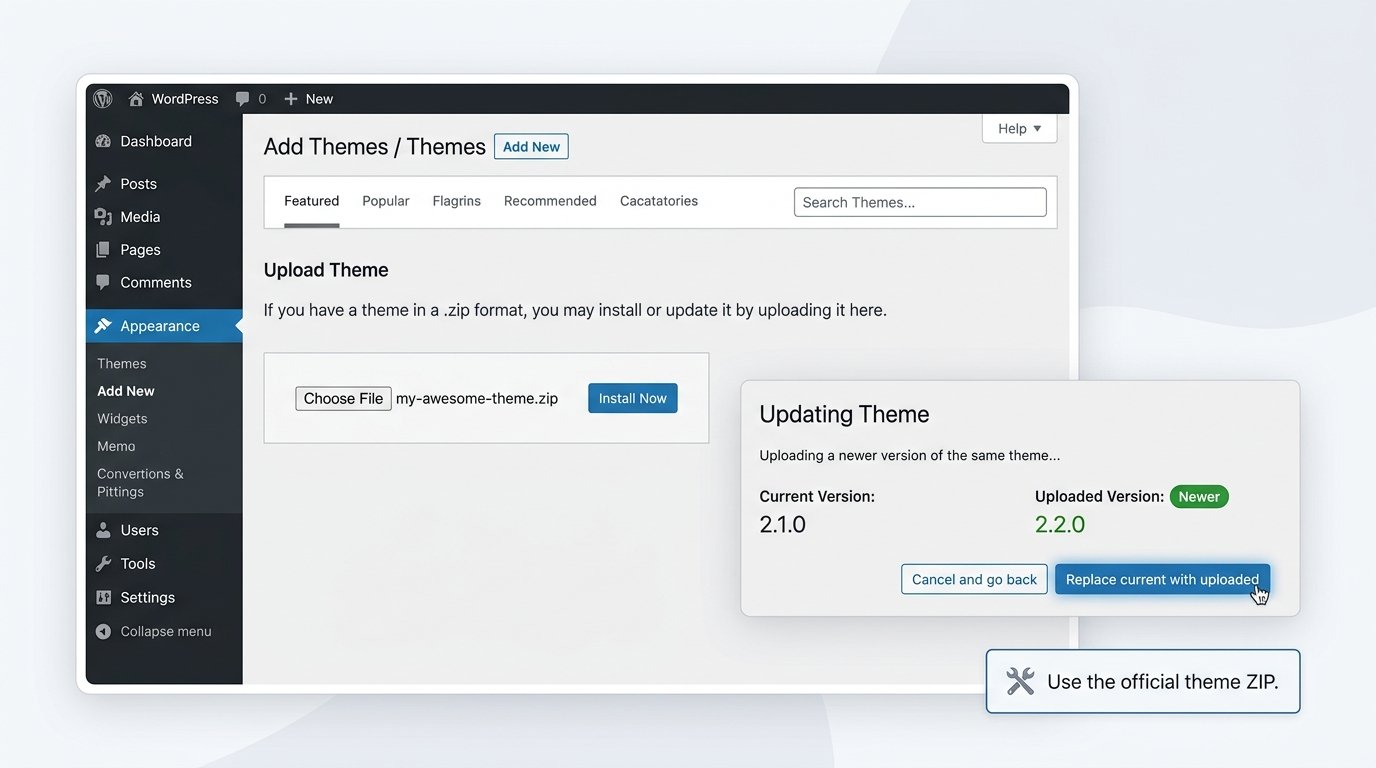 Upload a WordPress theme ZIP file to update an installed theme