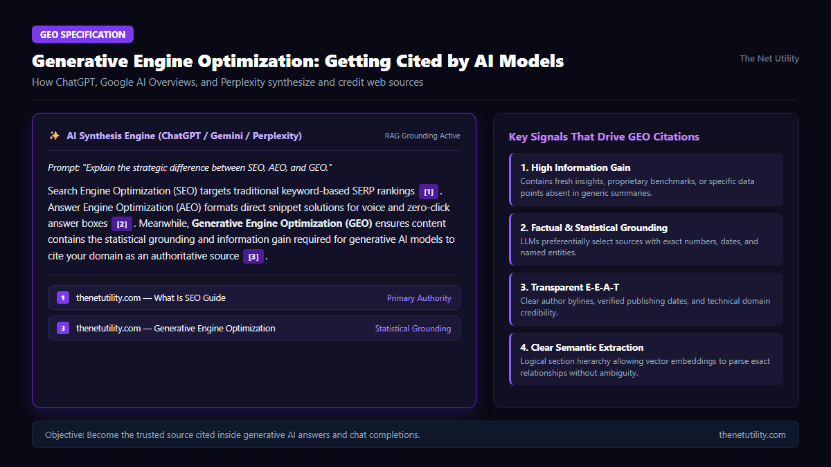 Generative engine optimization GEO AI overview citation and RAG synthesis specification