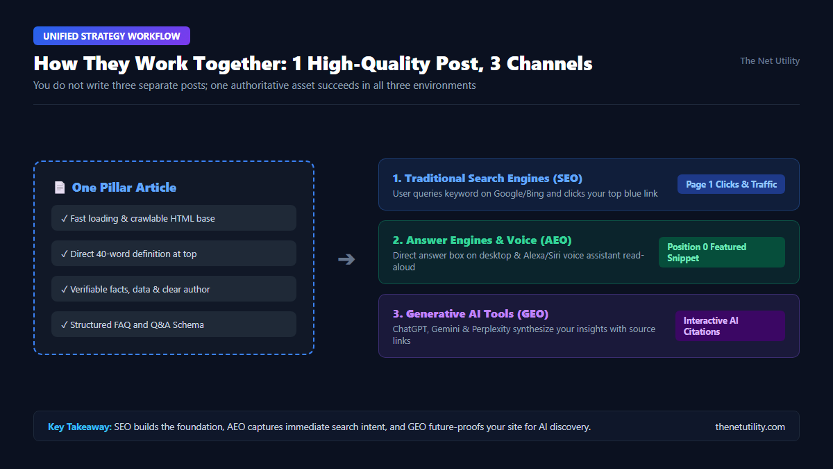 Unified search strategy workflow showing one pillar article powering SEO AEO and GEO