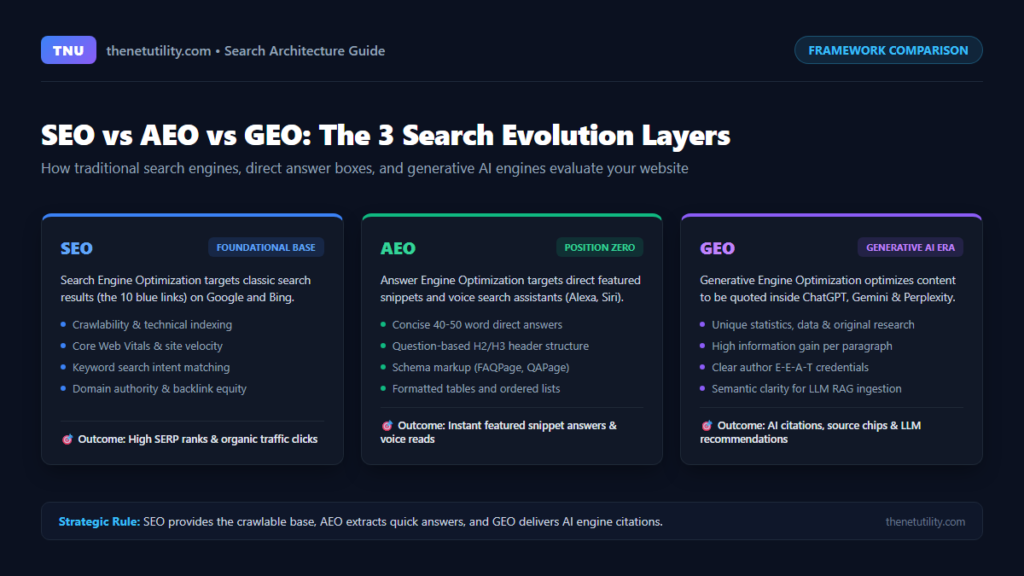 SEO vs AEO vs GEO framework comparison diagram showing search evolution layers