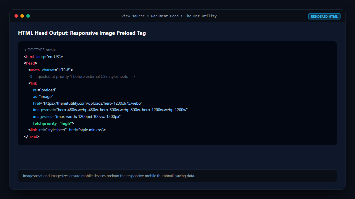 HTML document head showing responsive link rel preload tag