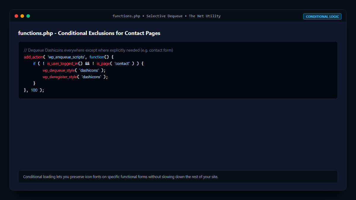 Conditional logic preserving Dashicons on specific contact pages