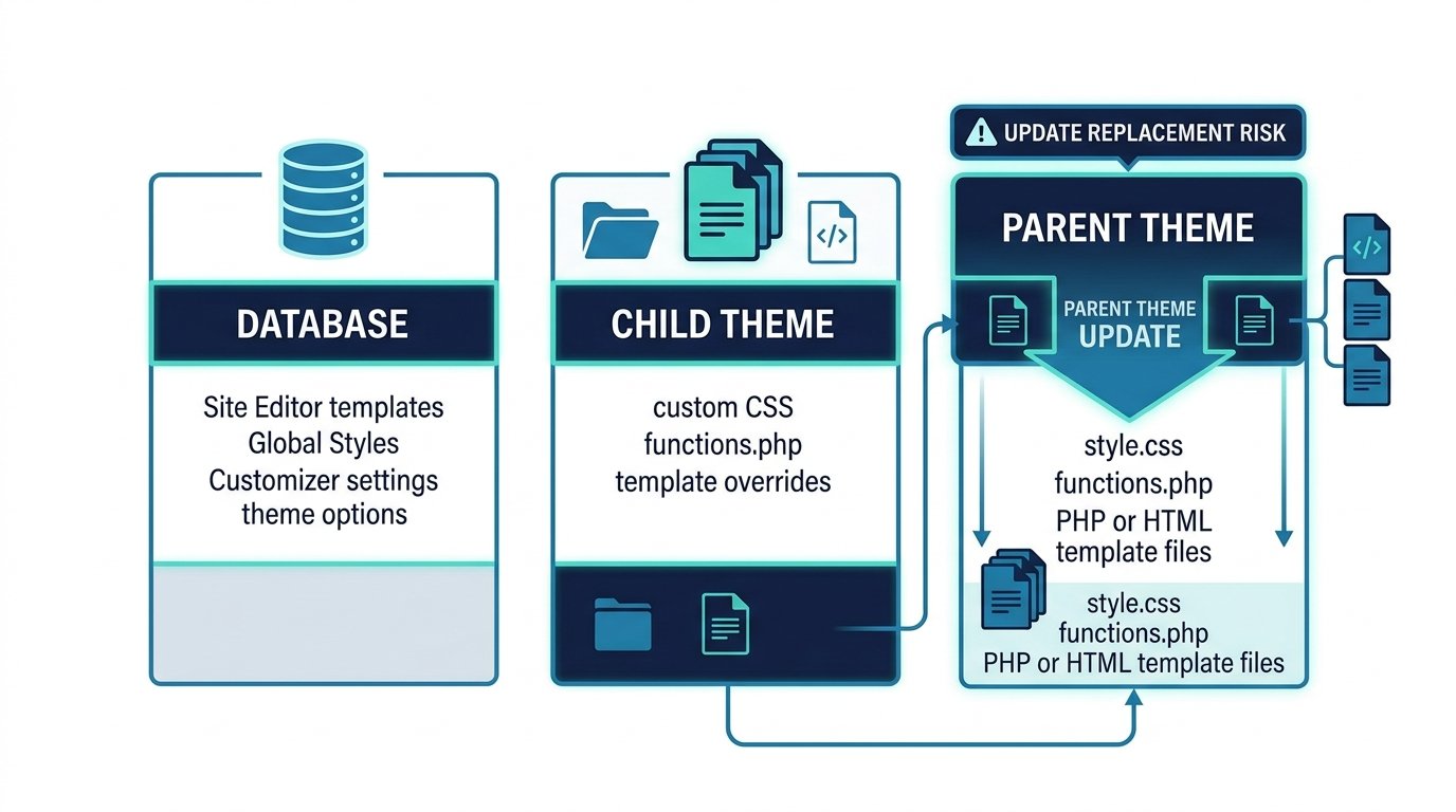 Where WordPress theme customizations are stored before a theme update