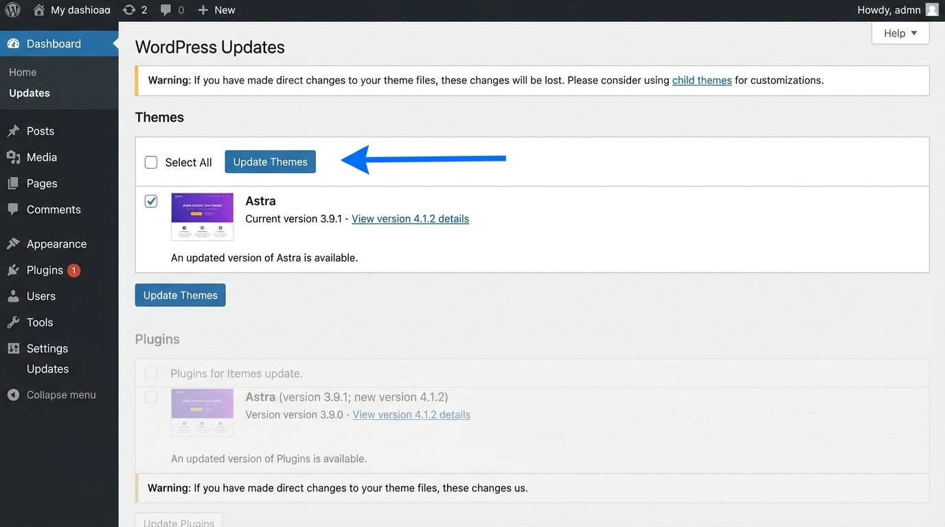 WordPress Dashboard Updates screen showing a theme update