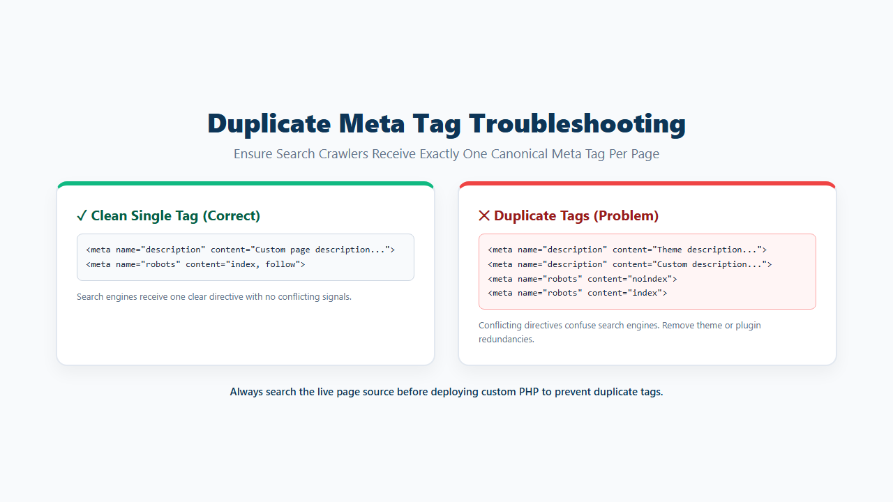 Check WordPress page source for duplicate meta description and robots tags