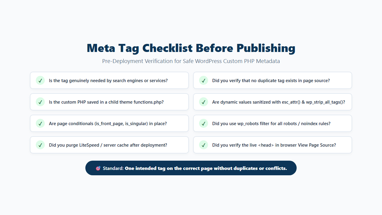 WordPress meta tag checklist before publishing code changes