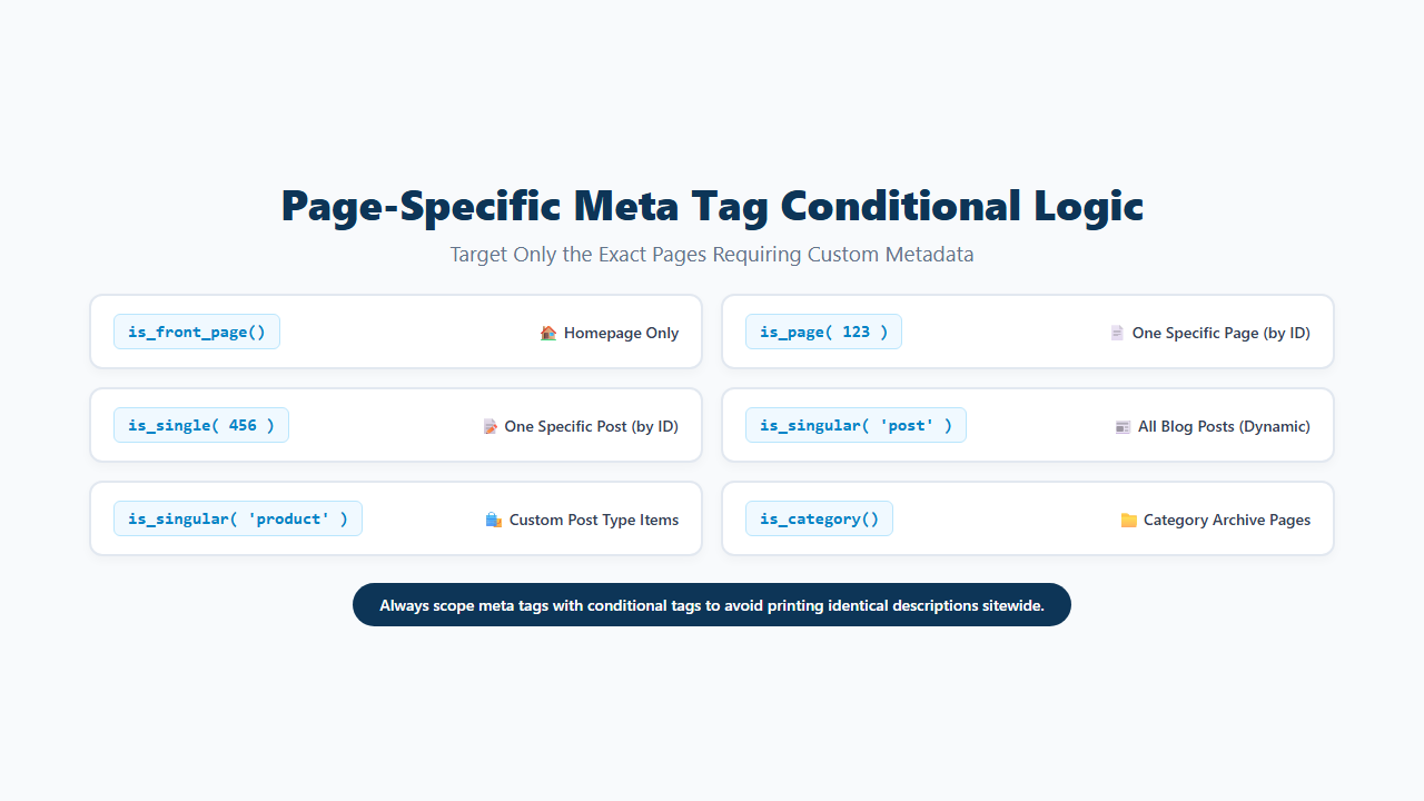 WordPress conditional functions for adding meta tags to specific pages