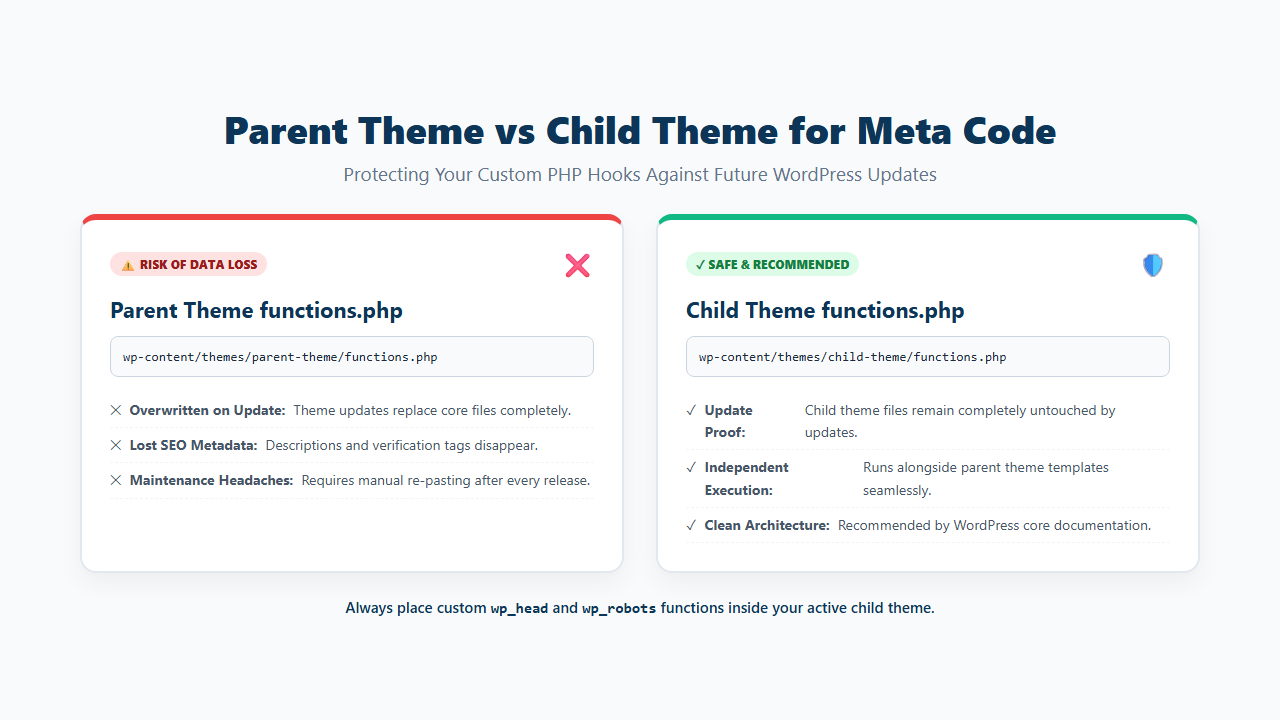 Add WordPress meta tag PHP code to a child theme instead of the parent theme